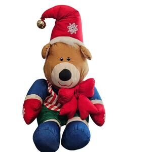 Vintage Christmas Bear Plush 90s Nylon Puffy 19" Holiday Toy Retro Jingle Bells